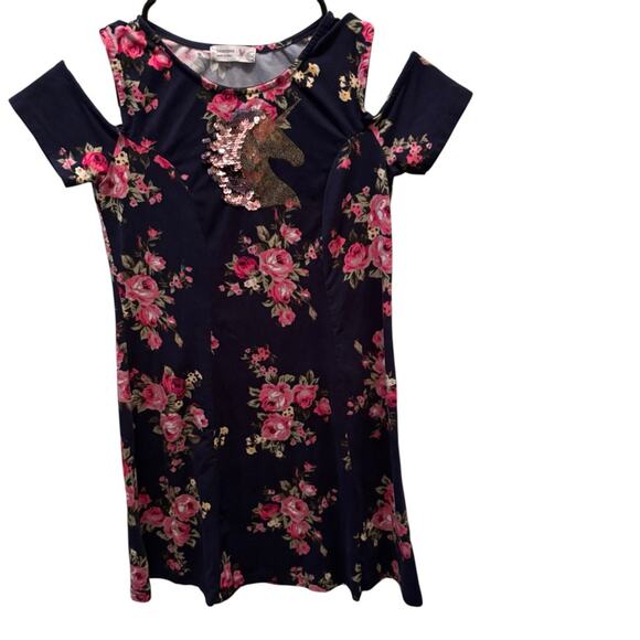 Beautees Unicorn Kids Dress-Navy and Pink Sequins Cold Shoulder Sz 10 Girls - Picture 2 of 5